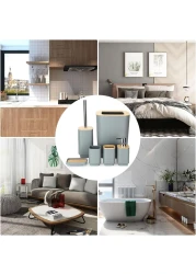 Bamboo Bathroom Accessories Set of 6 Modern Design 6 Pieces Bathroom Accessory Set Soap Dispenser Toothbrush Holder Tooth Mug Soap Dish Toilet Brush Rubbish for Bathroom Home Decor (Grey)