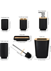 Bamboo Bathroom Accessories Set of 6 Modern Design 6 Pieces Bathroom Accessory Set Soap Dispenser Toothbrush Holder Tooth Mug Soap Dish Toilet Brush Rubbish for Bathroom Home Decor (Black)