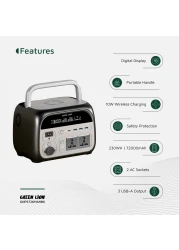 Green Lion Portable 72000mAh Power Station, 230Wh Battery, 500-600W Power, AC, USB-A, Type-C Outputs, Wireless Charging, LED Light, Black
