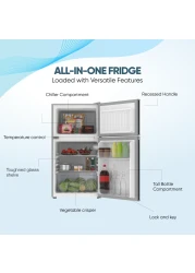 Nikai 135L Gross/88L Net, Small Double Door Mini Refrigerator with Vegetable Crisper &amp; Adjustable Glass Shelves, Defrosting, Mini Fridge for Home, Kitchen, Bedroom, Office &amp; Hotels NRF135DDS Silver