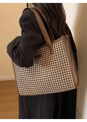 Houndstooth Pattern Large Tote Bag For Women Stylish Simple Design Versatile For Commuting And Going Out Shoulder BagSchool Bag Back To School Backpack Large Capacity Lightweight Portable Business Cas