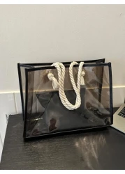 Large Capacity Waterproof Portable Clear Shoulder Tote Bag With Inner Pouch Black PVC For Teen Girls Women College Studentsfor School College Stadium Sports Back To School Perfect For Music Festival S