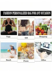 طقم حقيبة كتف بطباعة رسائل شاطئية من كتان بسيط، حقيبة تسوق بقايا صالحة لإعادة الاستخدام وحقيبة مكياج، حقيبة ه