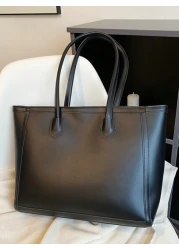 Autumn Winter New Retro Large Capacity Solid Color Shoulder Tote Bag For Women Letter Foil Leather Tag Decor Fashion Metal Chain Strap Casual Dual Handle Tote Shoulder Crossbody Bag Versatile Commuter