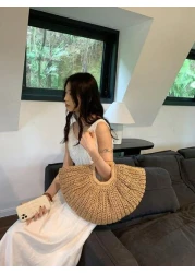 1pc Large Capacity Khaki Tote Bag Woven Straw Open Top Round Bag For Travel Vacation Beach Summer Straw Beach Bag For Women Vacation Essentials Perfectly Matching With Beach Accessories Women