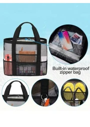1PC Large Mesh Beach Bag Sandproof Swim Tote Bag Oversized For Family Foldable Lightweight Pool Boat Bag With Zipper And Extra Pockets For Toys Vacation Beach Cruise Essentials School Bag Large Capaci