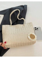 Versatile Solid Color Straw Tote Bag For Women Fashion Large Capacity Woven Underarm Bag Boho Style Small Daisy Decoration Shoulder Bag Lightweight Daily Commuting Shopping Beach Bags Exquisite Summer
