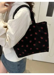 Fashionable Strawberry Print Tote Bag Large Capacity All Match Corduroy Material Shoulder Women s Bag Cute Strawberry Purse
