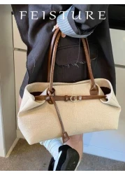 قطعة واحدة من حقيبة اليد المنسوجة من القش الصيفية من علامة FEISTURE، حقيبة على الشاطئ، تصميم حزام مع إبزيم كبير ال