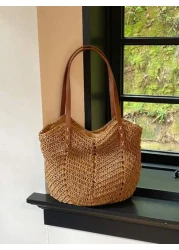 حقيبة قش سعة كبيرة بمقبضين موضة جديدة للنساء، مناسبة للتنقلات اليومية والتسوق والسفر، تصميم خفيف وعملي مثالي