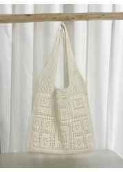 Minimalist Crochet Bag Hollow Out Design Vacation School Bag Large Capacity Portable For Teen Girls Women College Students White Collar Workers Perfect For Work Back To School Middle School High Schoo