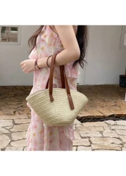 حقيبة كتف نسائية متعددة الاستخدامات وبسيطة، حقيبة كتف للتسوق، حقيبة شاطئ من القش للسفر