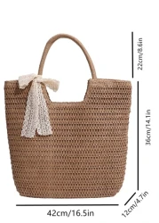 1pc Large Capacity Woven Rattan Handbag Solid Color Summer Beach Bag For Ladies School Bag Portable Large Capacity Lightweight For Teen Girls Women College Students College Middle School High School O