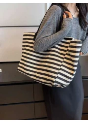 Yogodlns Simple Stripe Design Tote Bag For Girls Women Canvas Shoulder Bag Ladies Shopping Bags High Quality Handbagsschool Tote Bag Portable Foldable Business Casual Suitable For Teen Girls Women Col