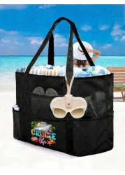 Mesh Beach Bag Large Beach Tote Bag Multi Use Organizer With Zipper Closure Foldable Handy Large Mesh Tote Bag Lightweight For Family Beach Bag For Toys Vacation Essentials School Bag Large Capacity W