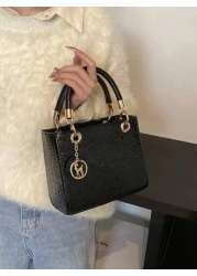 حقيبة يد نسائية كبيرة السعة، حقيبة يد أنيقة فاخرة للنساء، ذات نسيج مزخرف بنمط التمساح، باللون الأسود، ذات حزا