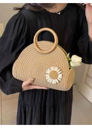 Straw Semi Circular Tote Bag Ring Top Handle Woven Basket With Daisy Decor Bohemia Travel Crossbody Bags Women s Trendy Solid Color Handbag For Summer Outdoor Picnic Basket Perfect For Gifts Storage A