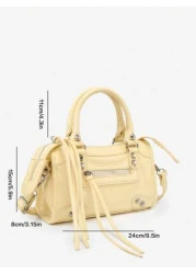 1pc Retro Y2K Motorcycle Punk Grunge Style Women Rivet Decor Multi Pocket Faux Oil Wax Cracked Leather Shoulder Handbag Suitable For Outing Date Party