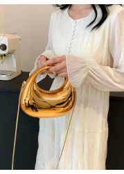 1pc New Arrival Golden Acrylic Clutch Bag Fashionable Personalized Handbag For Evening Party With Light Silver Color Moon Shaped Glittering Surface Detachable Metallic Chain Strap For Crossbody Wearin