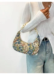 Fashion Metal Chain Handbag With Flower Design Floral Printed Canvas Shoulder Bag Tready Crescent Moon Bag For Women Exquisite Floral Bag For Women