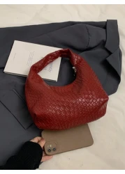 حقيبة كروشيه هلالية الشكل عصرية ذات نقشات منسوجة، حقيبة كاجوال ذات لون موحد، حقيبة كتف متقاطعة الجسم، متعددة