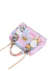 حقيبة يد بطية ومقبض سلسلة مع زخرفة حريرية بطبعة مضغوطة