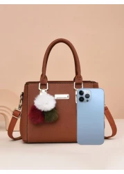 Lightweight Business Casual Litchi Embossed Square Bag Pom Pom Decor PU Mothers Day Gift For Mom For Teen Girls Women College Students Rookies White Collar Workers Perfect For Office College Work Busi