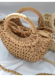 Yogodlns حقيبة كروس بودي محاكة من القش مزينة باللآليء والورد اليدوية حقيبة يد صغيرة عصرية للصيف