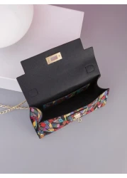 Crossbody Chain Mini Square Bag With Printed Top Handle And Multicolor Print For Women