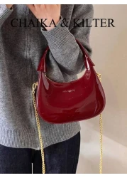 1pc CHAIKA KILTER Women Glossy PU Leather Tote Bag Fashionable Crescent Shaped Armpit Bag With Detachable Metal Chain Zipper Closure Suitable For Daily And Outdoor Use