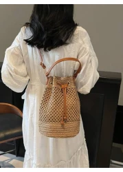1pc Women s Khaki Drawstring Closure Straw Bucket Bag Bohemian Style Fashion Handbag Tote Bag Suitable For Holiday Travel Suitable For Gifts Parties And Other Occasions