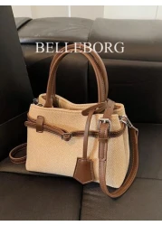 High Quality Casual Color Block Retro Canvas Leather Buckle Tote Handbag Versatile For Commuting Women
