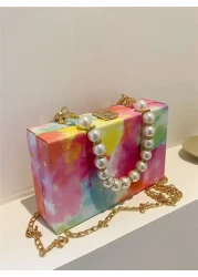Oil Painting Colorful Metal Chain Shoulder Bag Crystal Pearl Decor Handbag Clutch Wallet Phone Bag For Daily Use And Travel Colorful Purse For Women