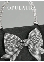 OpulAura Women s European And American Fashion Black Satin Flap Clutch Evening Bag Sparkling Elegant Bowknot Rhinestone Decor Party Handbag Luxury Satin Formal Dress Bag Chain Shoulder Bag Suitable Fo