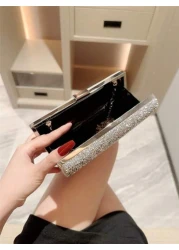 One Shiny Rhinestone Encrusted Box Shaped Evening Clutch Bag For Women Elegant Luxury Formal Dress Mini Bag For Romantic Wedding Bridal Party Prom Chain Shoulder Bag Square Purse Perfect For Party Wed