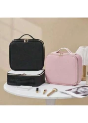 Makeup Bag With Light Up Mirror Travel Cosmetic Case Box 3 Color LED Lighted Mirror With Adjustable Brightness Waterproof Leather Adjustable Dividers Brush Organizer PU Leather Suitable For Girls And