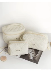 1Pc Set Beige Quilting Makeup Bag With Soft Texture Vintage Large Capacity Cosmetic Bag Travel Organizer Handheld Minimalism Cozy Foam Toiletry Big Set Lightweight Fluffy Makeup Pouch Home Decor Delic