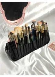 1Pc Professional Makeup Artist Folding Zipper Brush Holder With Spacious Interior Large Capacity PU14 Holes Canvas 29 Holes Cosmetic Standing Pouch With Portable Beauty Storage Bag Makeup Brush Organi