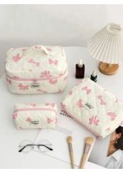 قطعة واحدة حقيبة مستحضرات تجميل محمول بمقبض مبطن بقماش كبيرة السعة للنساء لتخزين مستحضرات التجميل والفرش، من