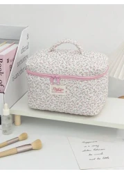 قطعة واحدة / مجموعة حقيبة مستحضرات تجميل وردية ذات طبعة زهور كبيرة السعة مبطنة مزودة بسحاب لحفظ أدوات التجميل