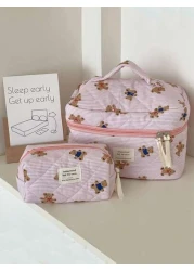 1Pc Set Cute Pink Bear Pattern Large Capacity Multifunctional Cosmetic Bag Makeup Bag Girls Make Up Bag Back To School Wallet Pouch Portable Cosmetics Brush Clutch With Zipper Closure For Lipstick Mom