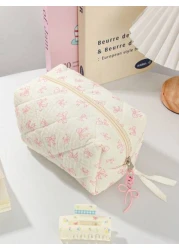 1Piece Quilted Handle Makeup Bag Small Quilted Cosmetic Bag Cute Bow Design Makeup Pouch Makeup Bag Aesthetic Travel Toiletry Bag Organizer Makeup Brushes Storage Bag For Women Bow Pencil Case For Mak