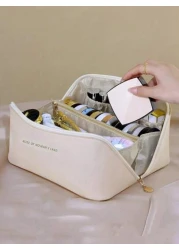 1pc PU Cosmetic Bag Travel Storage Pouch Large Capacity Toiletry Bag Portable Organizer Bag Big Storage Bag For Travel Makeup Organize Belongings Foldable Waterproof Dustproof Suitable For Storing Mak