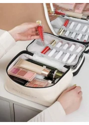 PU 2 Layers Cosmetic Bag Solid Color Travel Transparent Multifunctional Toiletry Handheld Fashionable Waterproof Large Capacity Storage Pouch Summer Travel Vacation Home Bathroom Decor Holiday Makeup