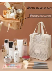 قطعة واحدة حقيبة مستحضرات التجميل للسفر والعطلات، سعة كبيرة من النايلون الشبكي، حقيبة مستحضرات تجميل متعددة