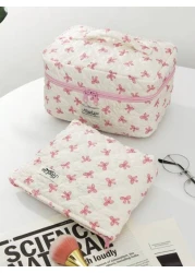 1 PC Rice Bottom Print Pink Bow Daily Soft Make Up Bag Fashionable And Casual Large Capacity Portable Zipper Makeup Bags Travel And Vacation Essentials Cosmetic Bags For Sanitary Napkins Pouch Pads Wi