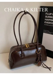 1pc CHAIKA KILTER Solid Shiny PU Leather Shoulder Bag Women s Fashion Large Capacity Bowling Bag With Dual Handles Zipper Closure Suitable For Daily Outdoor Use Sold With Pendant