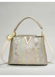 حقيبة يد أنيقة للسيدات من الجلد المزخرف بنمط الثعبان مع تصميم متعدد الطبقات ومكمّلات ذهبية، حقيبة كتف متعددة