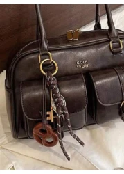 موديل كلاسيكي أنيق, جلد صناعي بنمط لوحي مقاوم للماء, بتصميم ديكوري بأنماط الحروف, متعدد الجيوب, حقيبة ظهر, حقيب