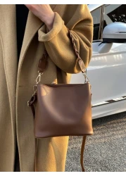 1pc Solid Color Retro Fashion Woven Zipper Bucket Bag Versatile Shoulder Crossbody Handbag Suitable For Daily Use